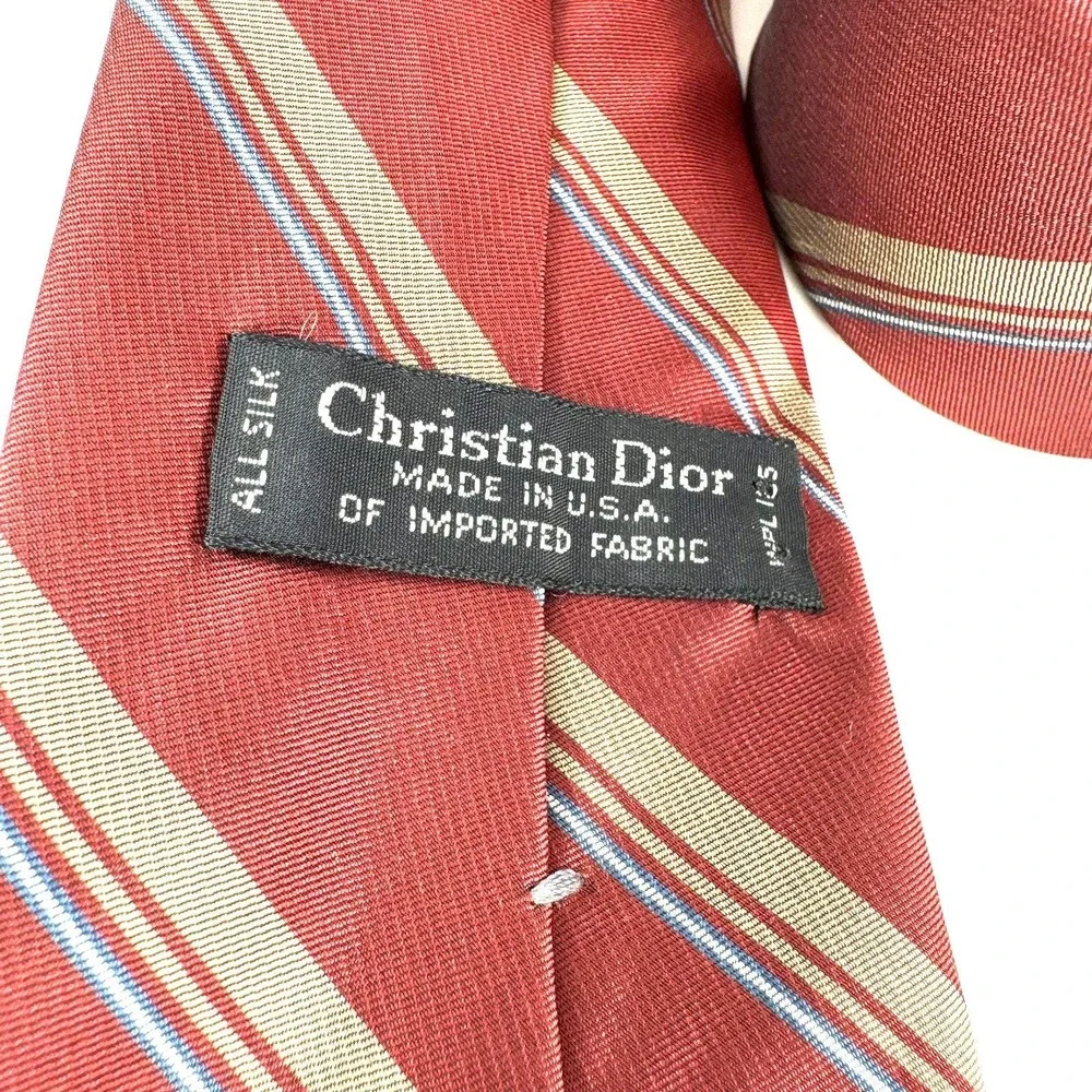 Christian Dior Silk Tie Mens Red Tan Blue Diagonal Striped Made‎ in USA Vintage
